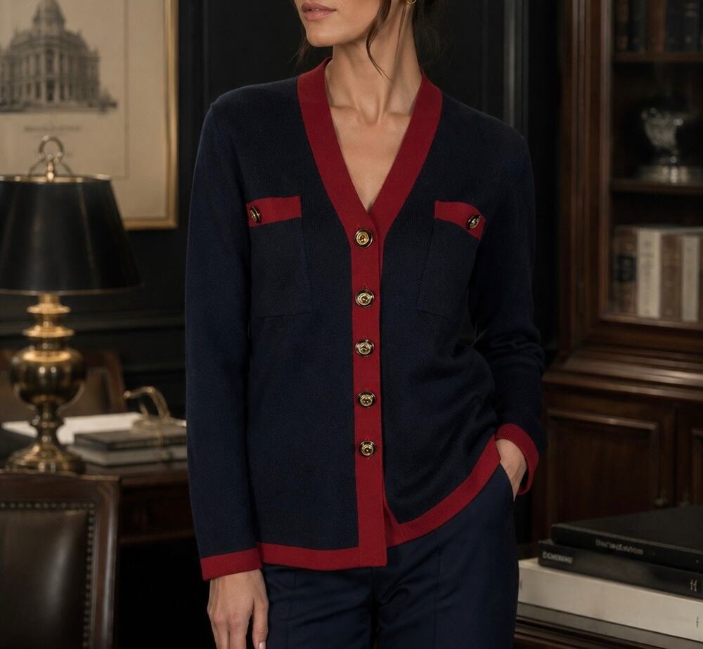 St. John Santana Knit Navy Red Contrast Trim Button Cardigan Gold Logo Sz Small